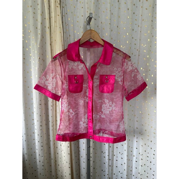 Unbranded Sheer Floral Barbiecore Button Down Collar Shirt Jacket L - Picture 2 of 3
